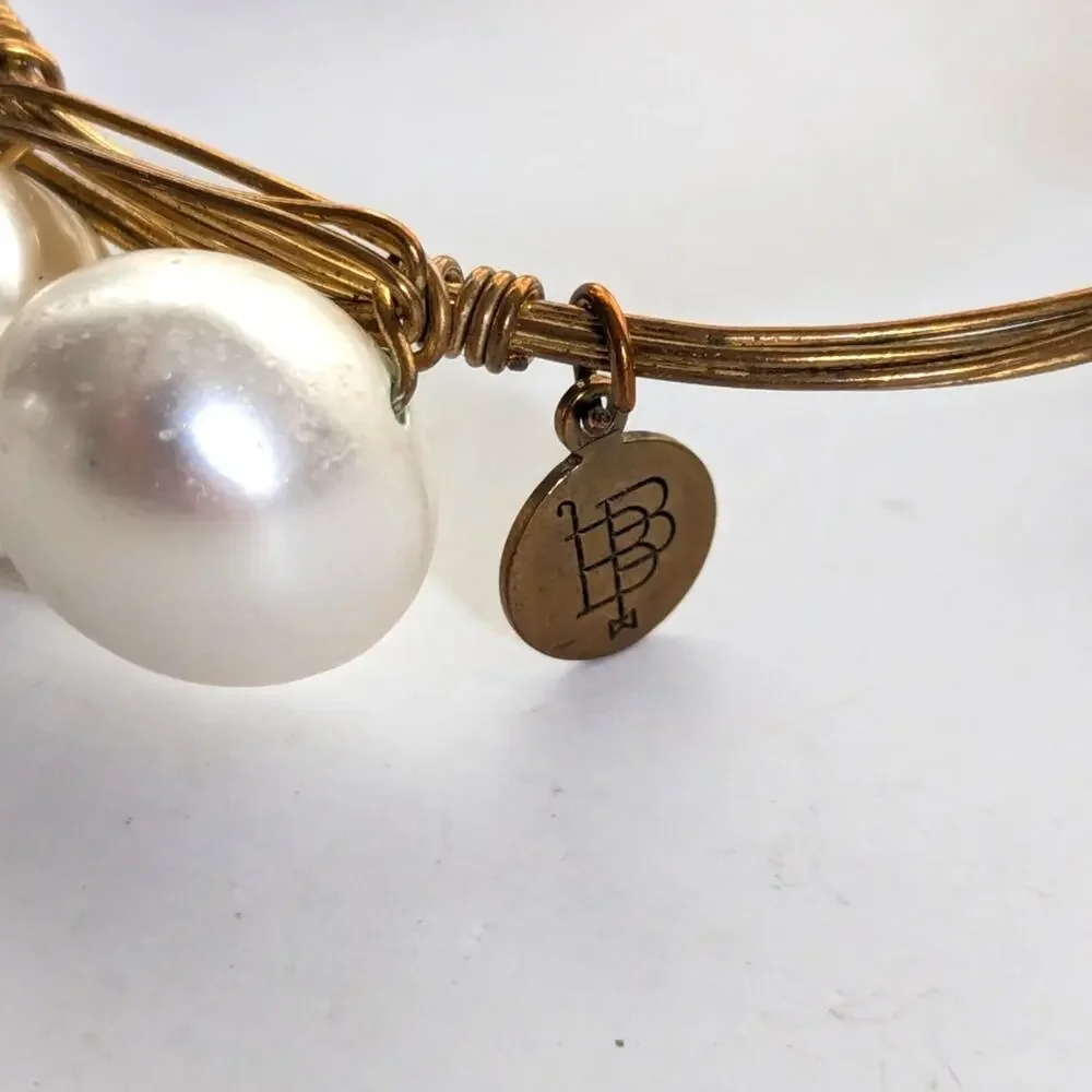 Bourbon and Bowties Boho Large Faux Pearl Gold Tone Wire Wrapped Bangle Bracelet